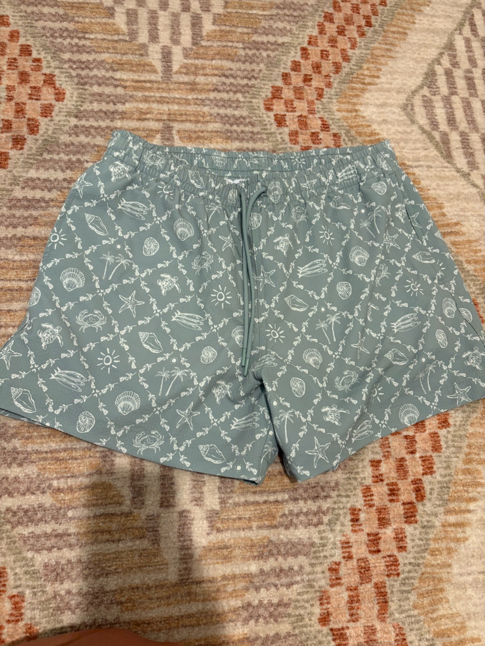 Abercrombie & Fitch Sage Green Seashell Print Drawstring Swim Trunks NWOT